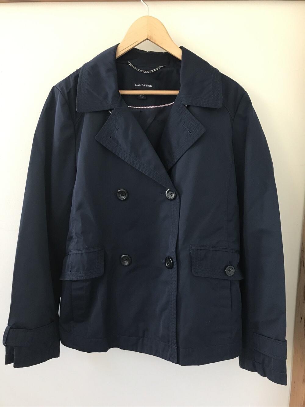 Lands End Navy Button Up Cotton Rain Pea Coat Peacoat Trench Jacket M 44" 10-12